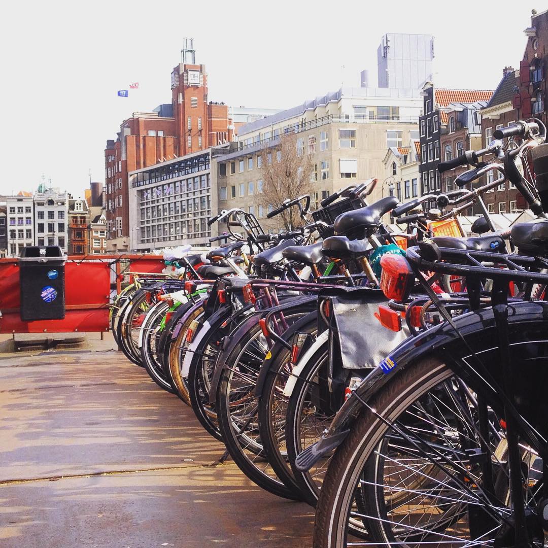 Fotka od Verunky. Ktery kolo si vyberem, @ferdinandvalent ? Cykloparkoviste na pontonu uprostred Amsterdamu...🚲😏