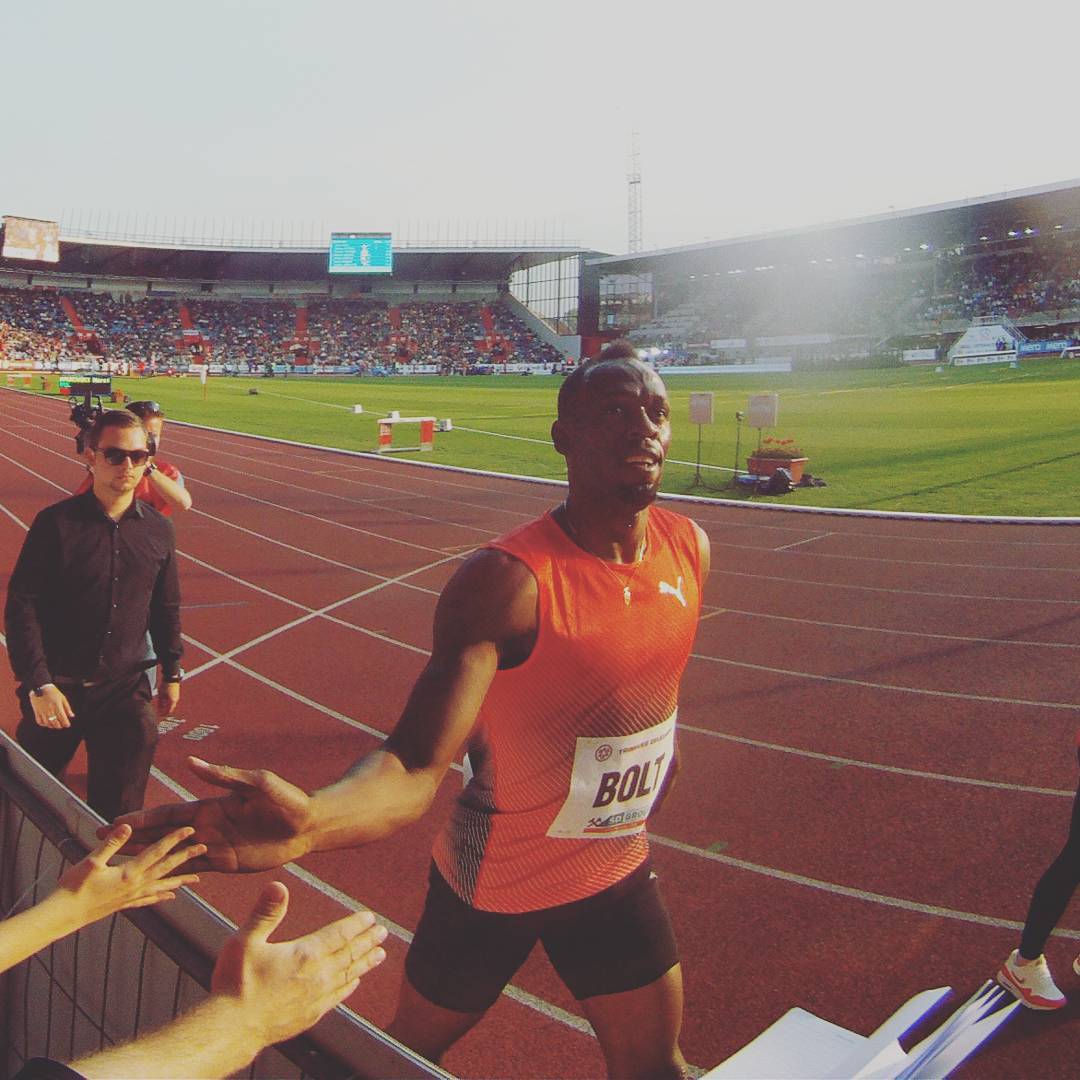 Fotka od Ferdika. 141/366: @usainbolt after his triumph on #zlatatretraostrava with time 9.98. #goldenspike, #athletics, #bolt, #usainbolt, #ostrava, #gopro, #goprohero, #bestoftheday, #photooftheday